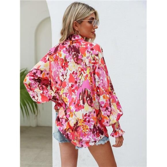 Pink Boho Floral Print V Neck Long Lantern Sleeve Flowy Loose‎ Top Blouse Shirt - Picture 5 of 7